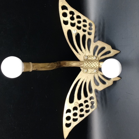 Vintage Brass Butterfly Wall Hook with White Ceramic Knobs - Picture 5 of 5
